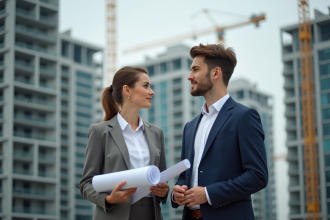 Femme architecte discutant sur un chantier urbain en construction