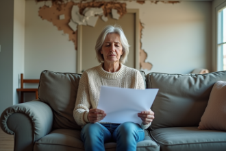 Femme inquiète tenant un document d'assurance dans un salon endommagé