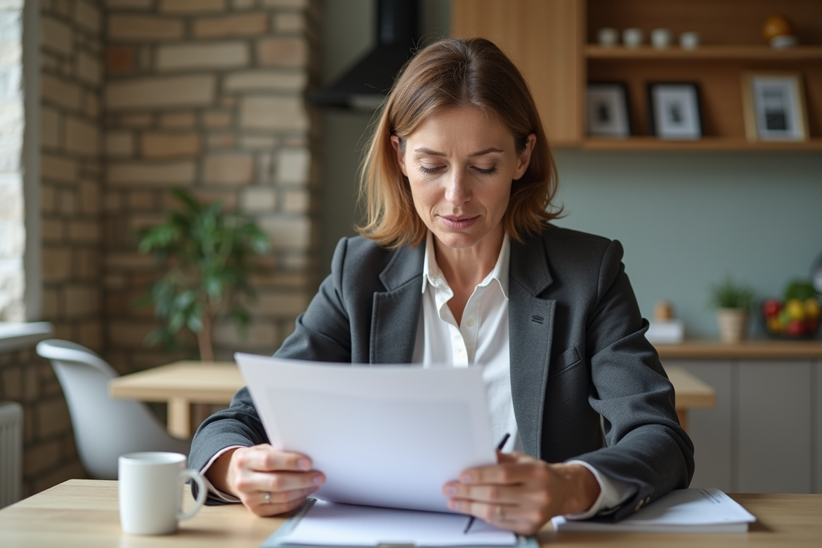 Femme française examinant documents d'assurance maison
