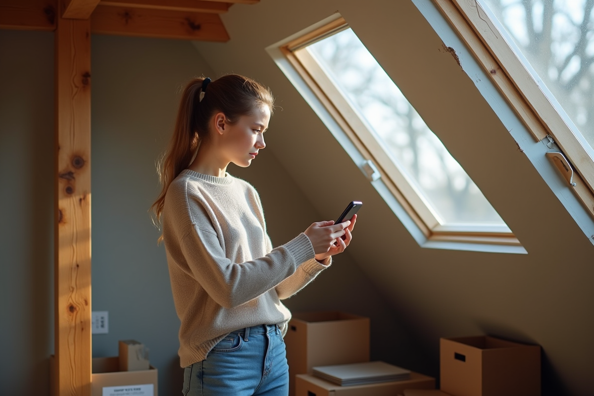 Jeune femme dans un grenier regardant une tache d