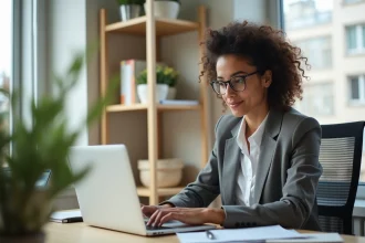 Femme en bureau à domicile mettant à jour ses informations