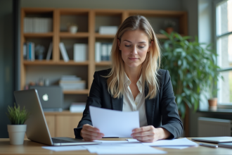 Femme en blazer dans un bureau moderne et organisé