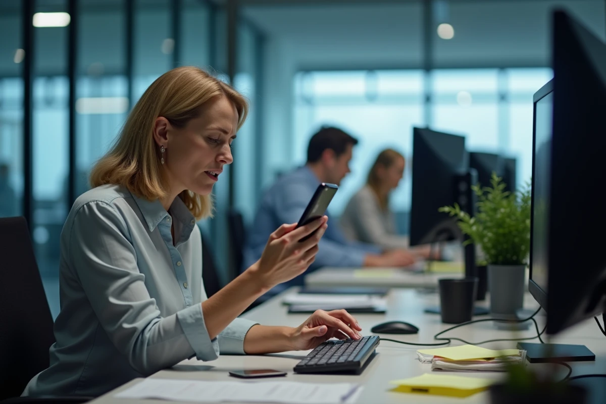 Femme professionnelle distraite entre téléphone et ordinateur au bureau, symbolisant les erreurs de sécurité informatique en entreprise