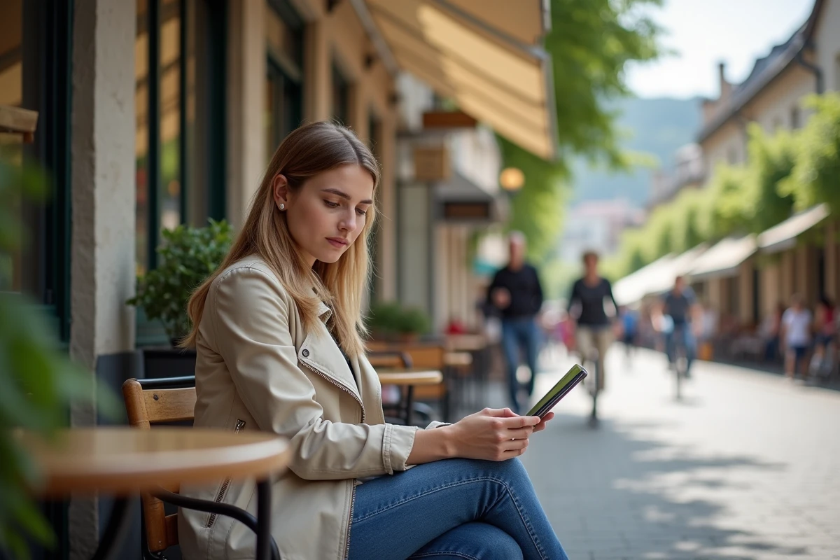 Jeune femme au café à Grenoble consultant des annonces immobilières