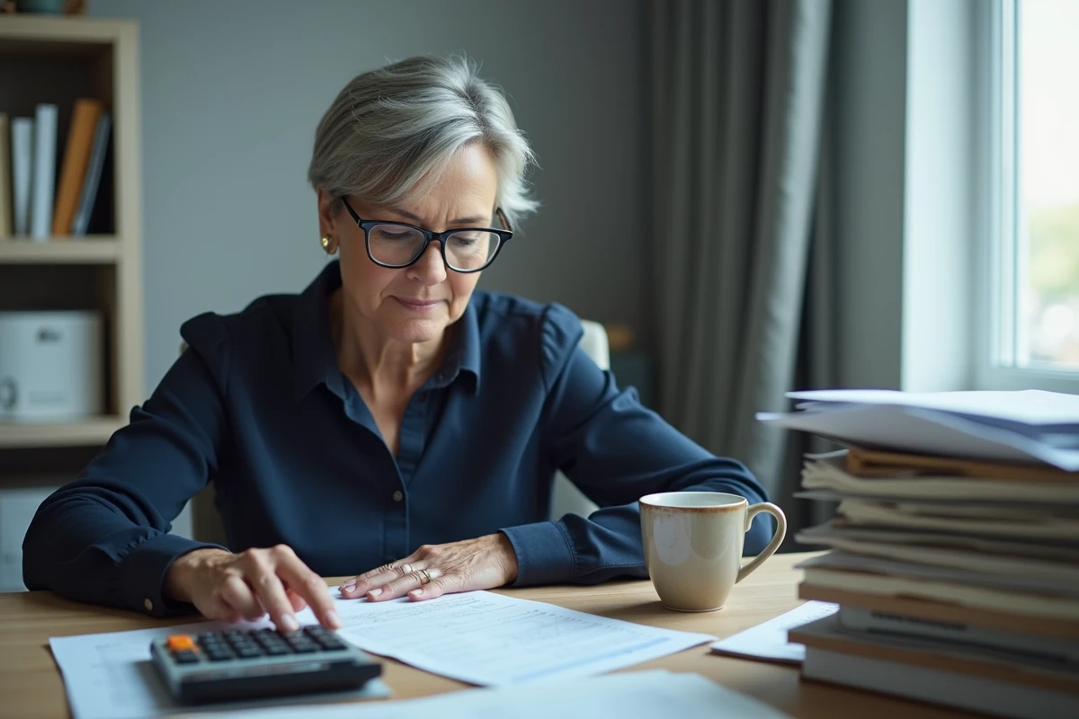 Femme seule examinant ses avis d'imposition et formulaires fiscaux pour calculer son plafond de ressources Pinel