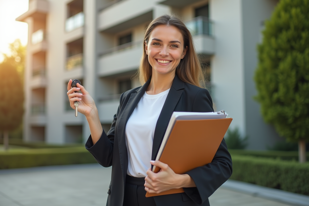 Femme professionnelle tenant des clés et dossier de location devant un bâtiment rénové