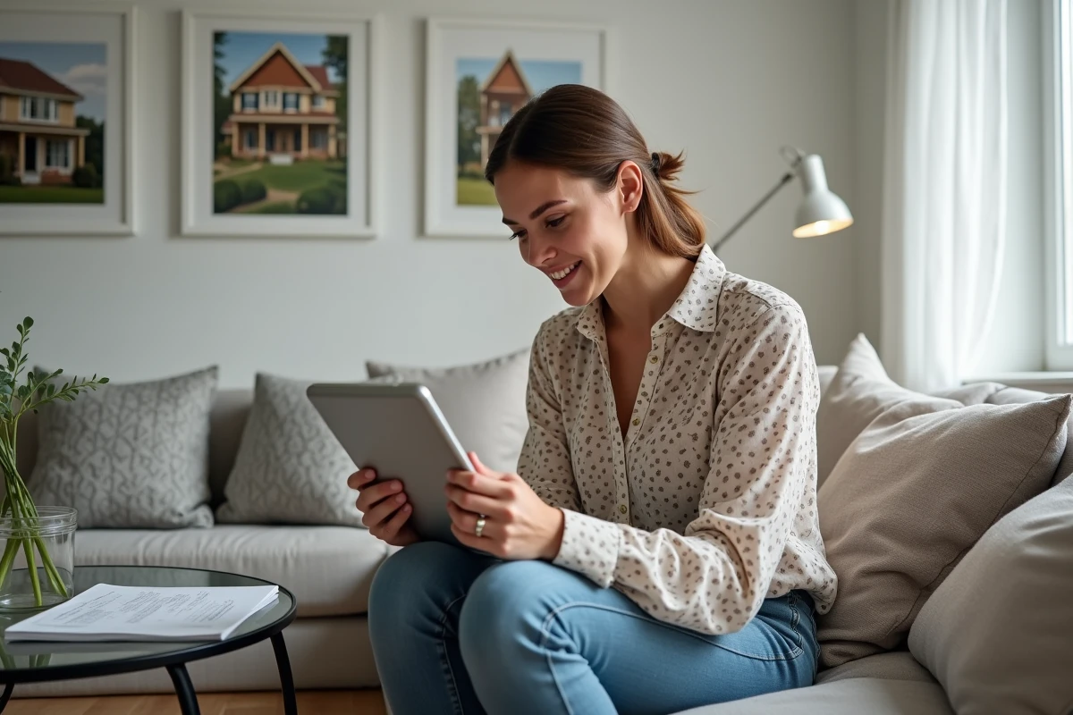 Jeune femme utilise une tablette pour comparer des prix immobiliers