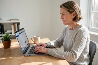 Femme connectée à son espace client MyFoncia sur un ordinateur portable dans un bureau à domicile moderne