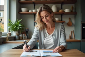 Femme réfléchie examinant des annonces immobilières à Lyon