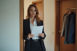 Femme tenant un contrat dans un appartement moderne