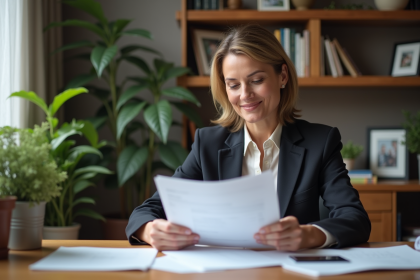 Femme d'âge moyen vérifiant des documents d'assurance dans un bureau à domicile