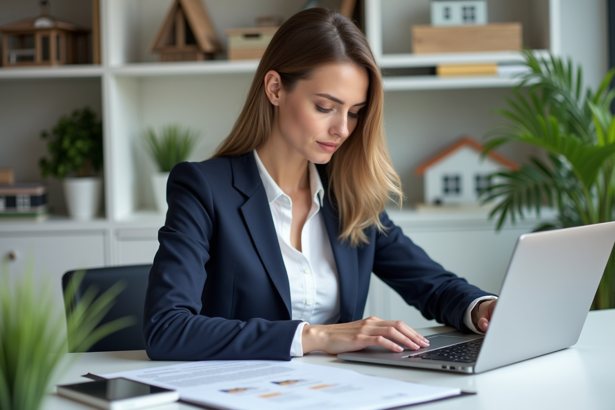 Femme en blazer bleu examinant contrats immobiliers