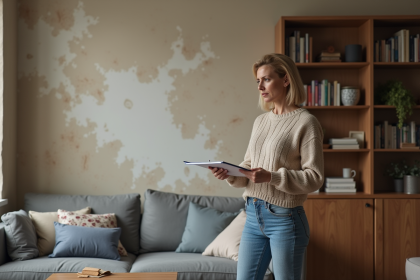 Femme inquiète examinant une tache d'eau sur le mur de son appartement