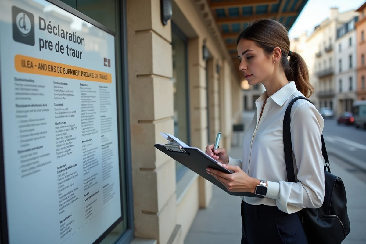 Femme observant un panneau declaration travaux en ville