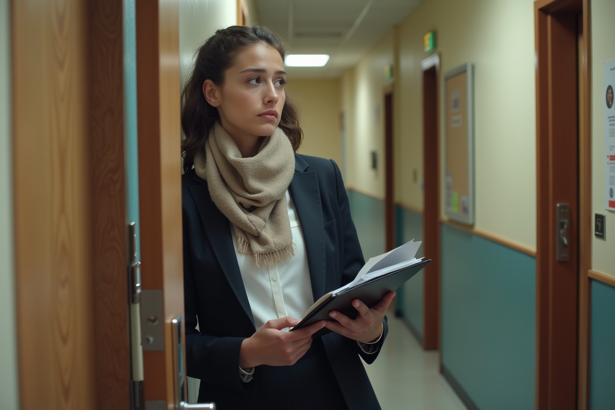 Jeune femme discutant de location avec un propriétaire dans un couloir