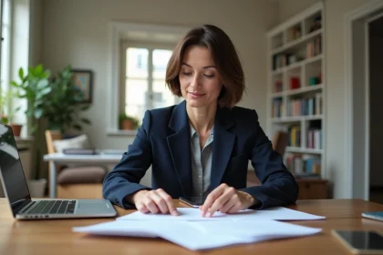 Femme d'une quarantaine examine des documents dans un appartement parisien