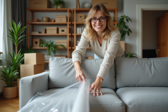 Femme en jeans emballant un canapé moderne dans un salon
