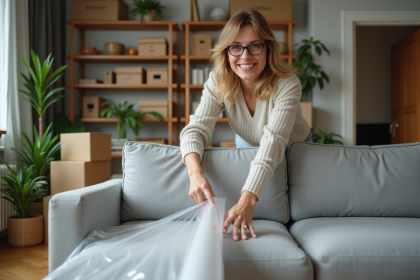 Femme en jeans emballant un canapé moderne dans un salon