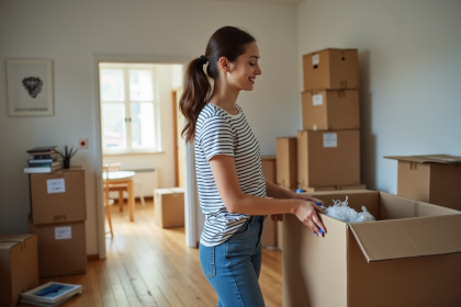 Jeune femme emballant une boxe de déménagement dans un salon