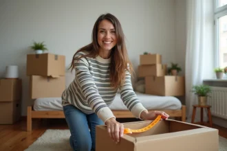 Femme souriante en train d'emballer une boxe de déménagement
