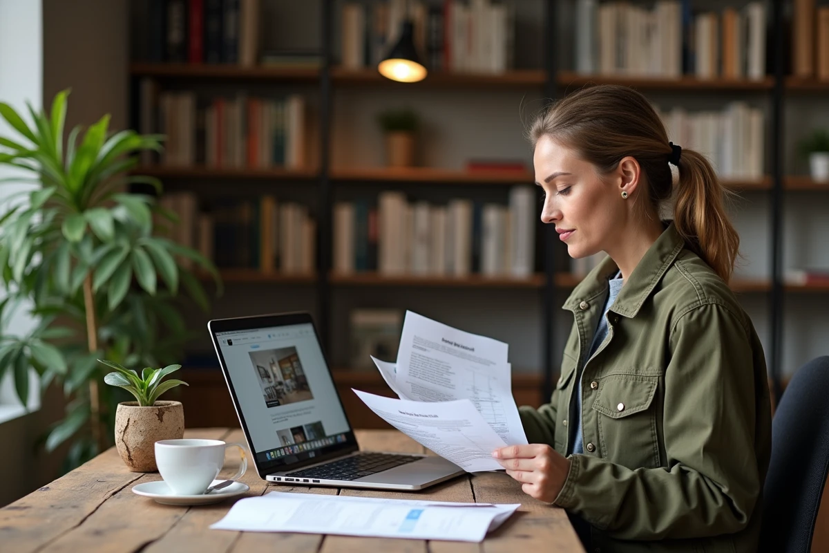 Femme entrepreneur en rénovation travaillant sur sa stratégie business depuis son bureau à domicile