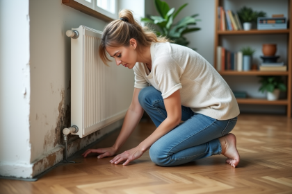 Femme examinant une tache d'humidite sur un mur