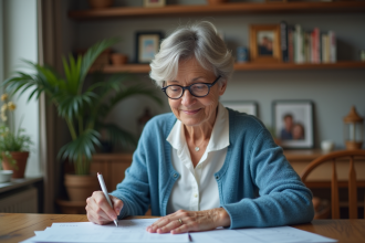 Femme d'âge moyen remplissant des formulaires fiscaux dans son appartement