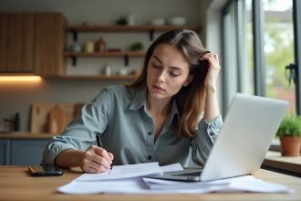 Jeune femme réfléchissant à ses finances dans la cuisine