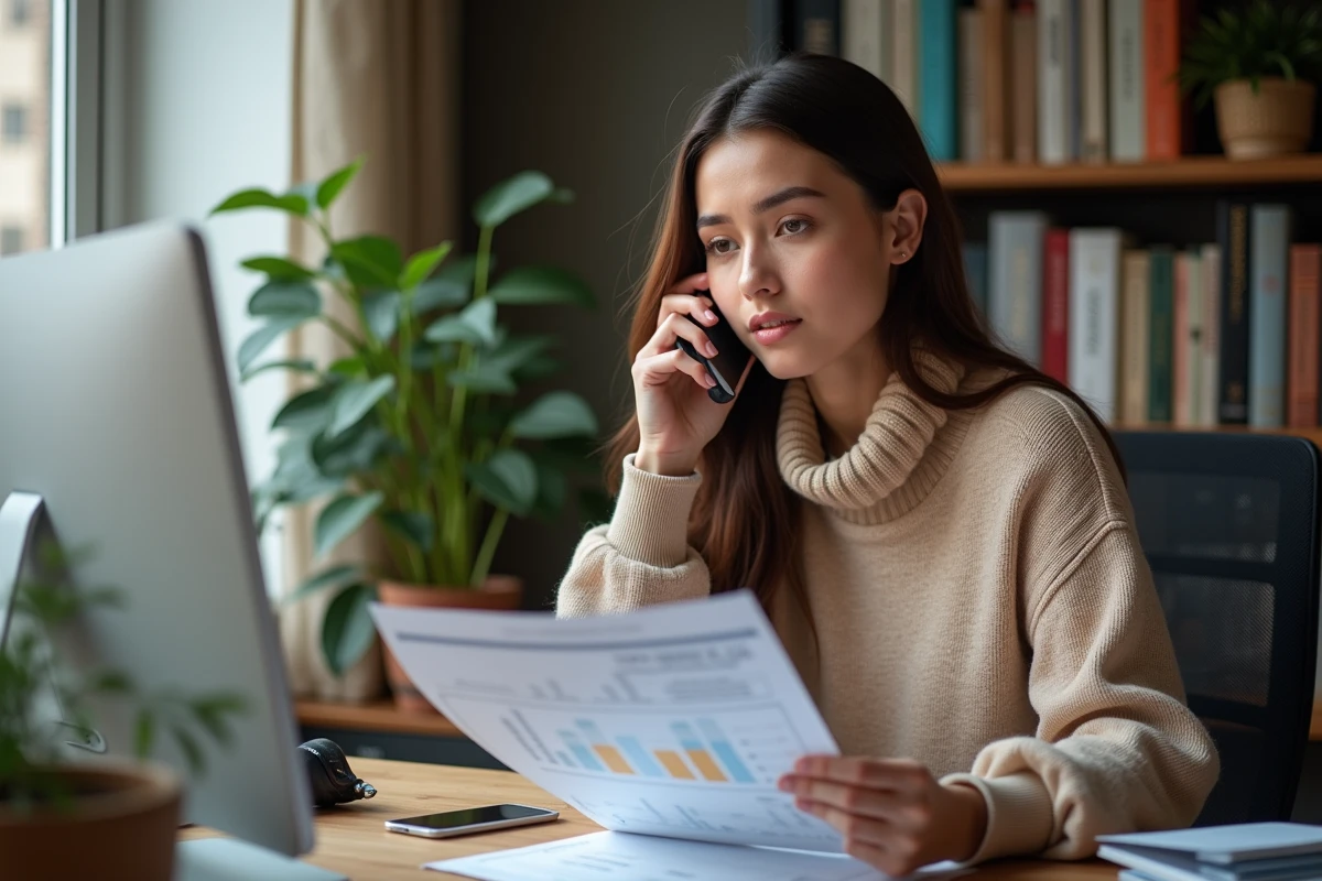 Jeune femme parle au téléphone dans un bureau à domicile