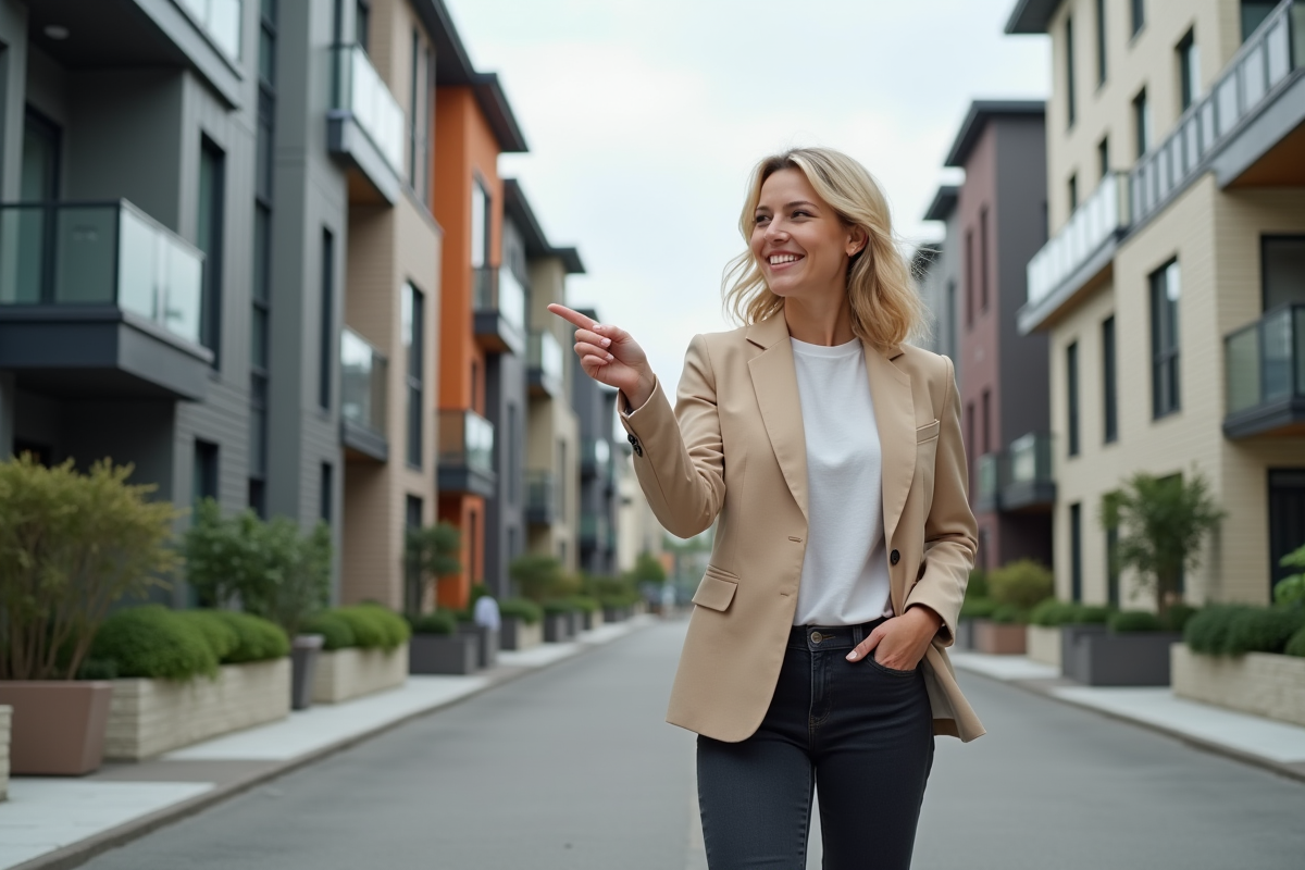 Femme souriante pointant vers des immeubles résidentiels