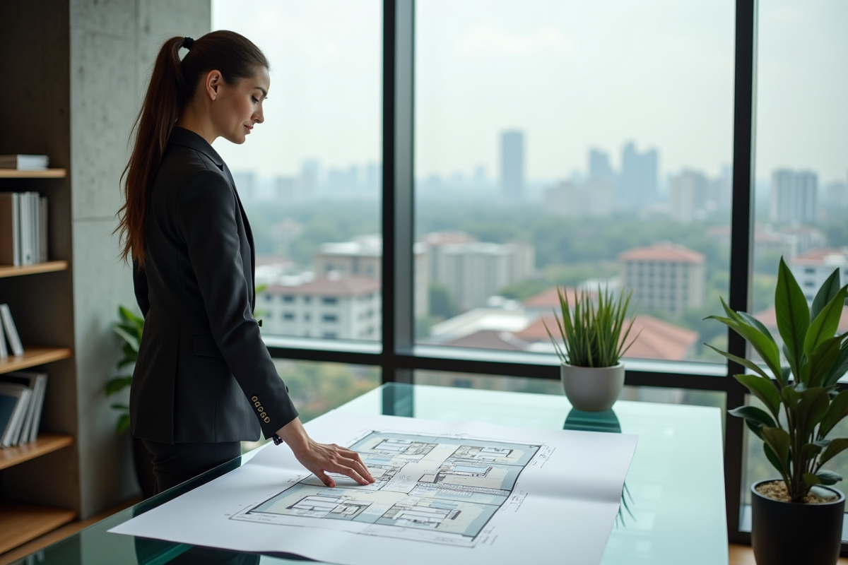 Femme examinant un plan immobilier près d