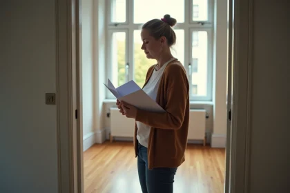 Femme inquiète tenant du courrier dans un appartement vide