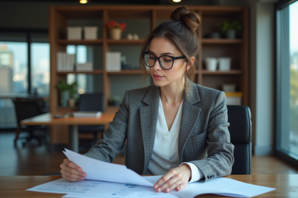 Femme professionnelle étudie documents immobilier