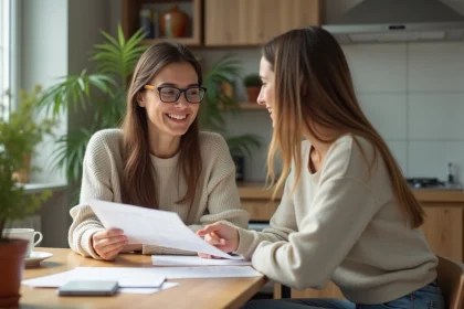 Femme souriante lisant des documents de prêt immobilier dans une cuisine lumineuse