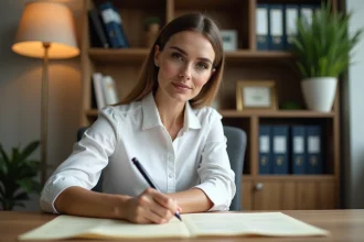 Femme rédigeant une lettre de motivation avec abréviations dans un bureau à domicile moderne