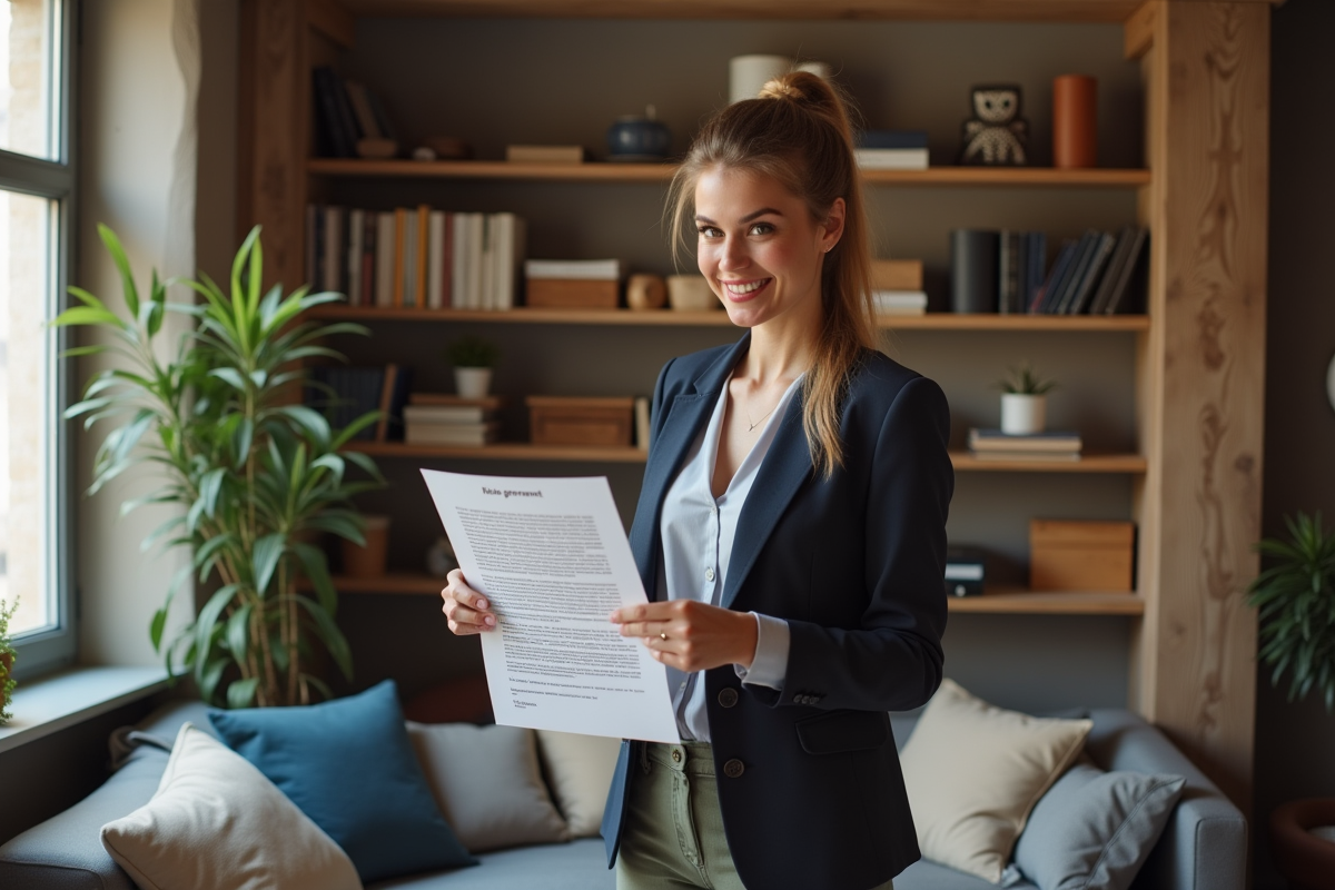 Jeune femme pointant un contrat de location dans un studio parisien