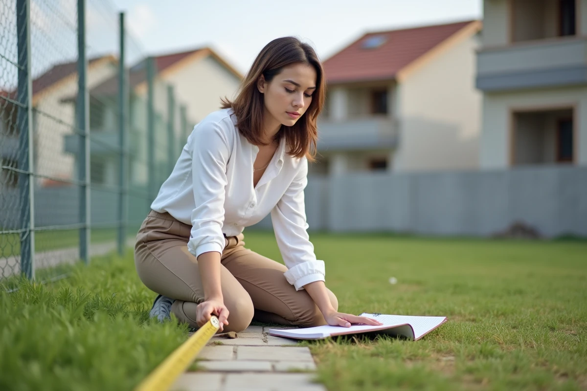 Jeune femme mesure un terrain résidentiel en extérieur