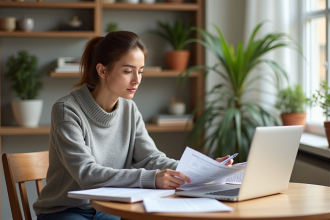 Femme organisée examinant des documents d'assurance à la maison