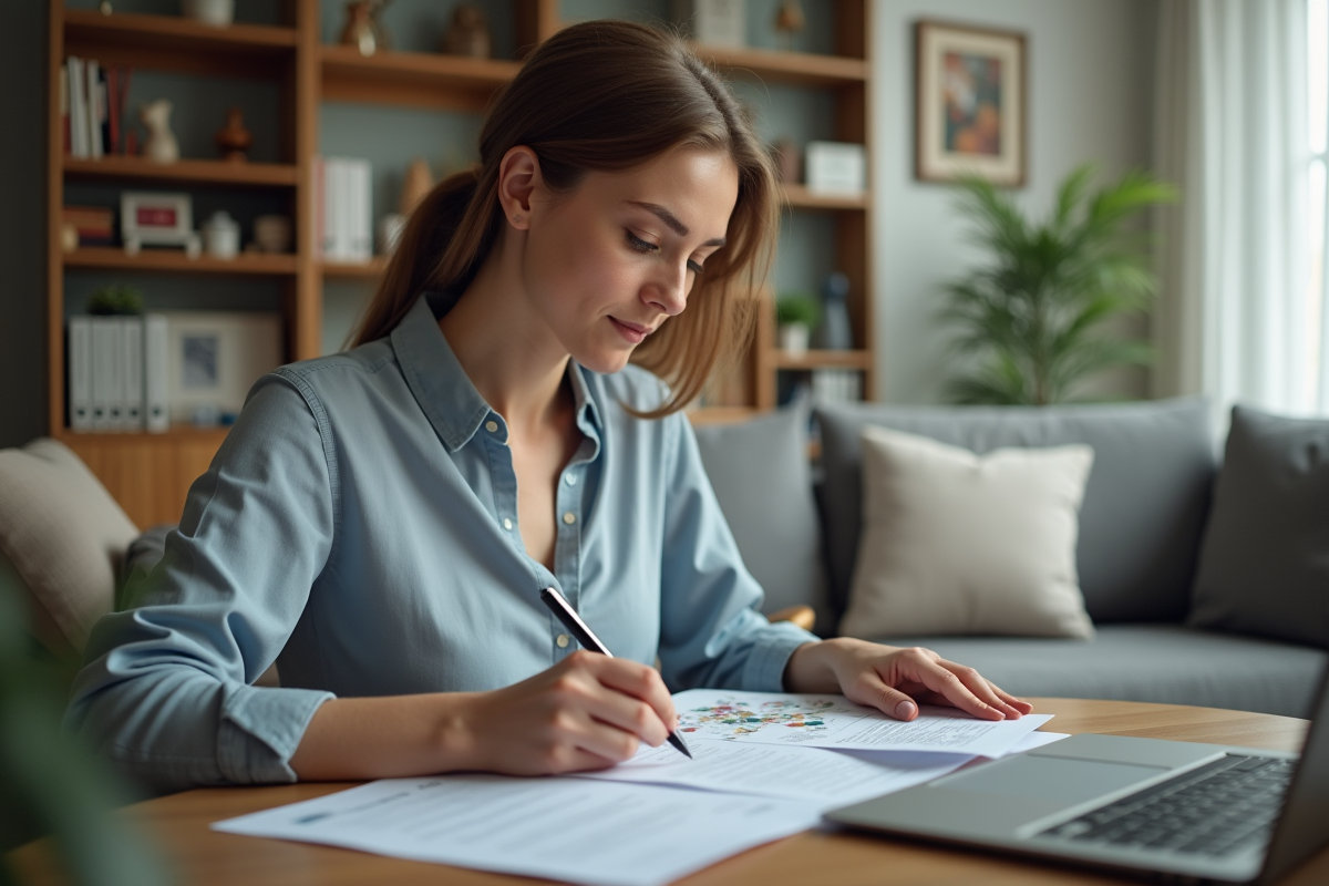 Femme triant ses factures dans le salon organisé