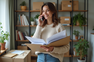 Femme souriante dans un bureau à domicile organisé