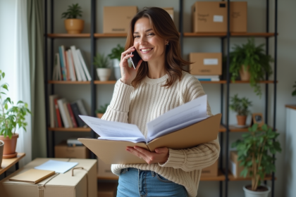 Femme souriante dans un bureau à domicile organisé