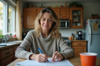 Femme d'une quarantaine remplit des papiers d'assurance à la maison