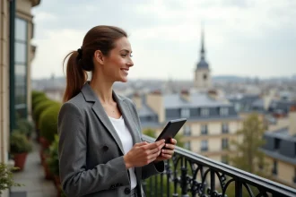 Femme élégante sur terrasse parisienne avec vue sur la ville
