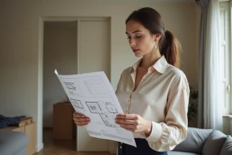 Jeune femme examinant le plan d'un appartement T1 bis avec alcôve séparée dans un studio parisien