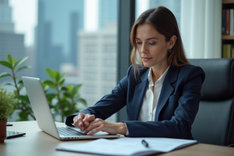 Femme d'affaires en costume dans un bureau moderne