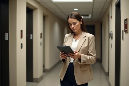 Femme professionnelle utilisant une tablette dans un hall d'immeuble