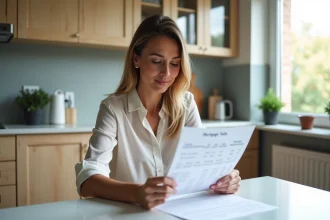 Femme en blouse regardant un tableau de remboursement immobilier