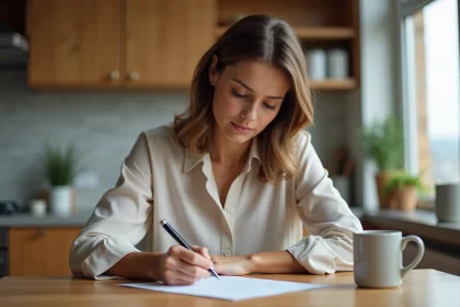 Femme en cuisine signant une lettre de préavis dans un cadre domestique