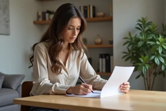 Femme signant un preavis dans un appartement moderne