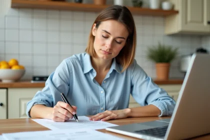 Femme signant un contrat EDF lors d'un changement de propriétaire dans une cuisine moderne